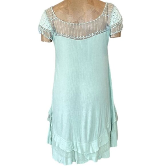Free People Mini Dress Mesh Lace Tiered Ruffle Hem Sz L Green #25Y - Picture 5 of 9